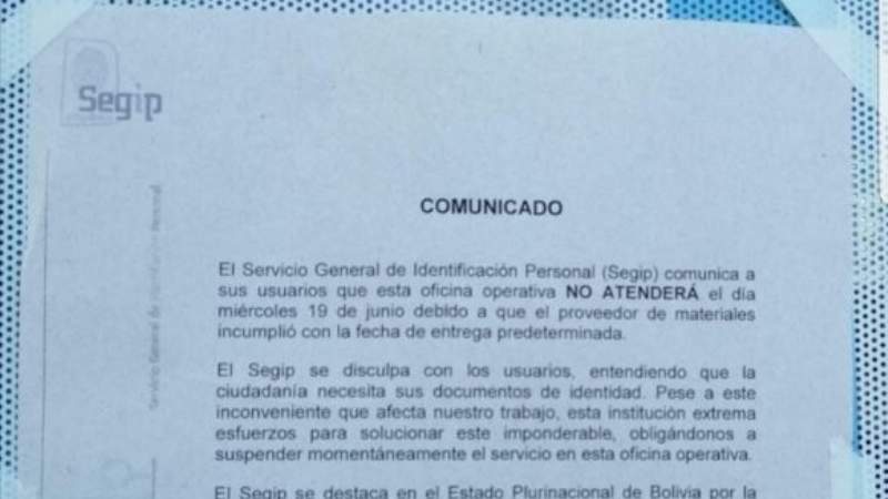 Segip no extenderá cédulas de identidad hasta el 24 de junio