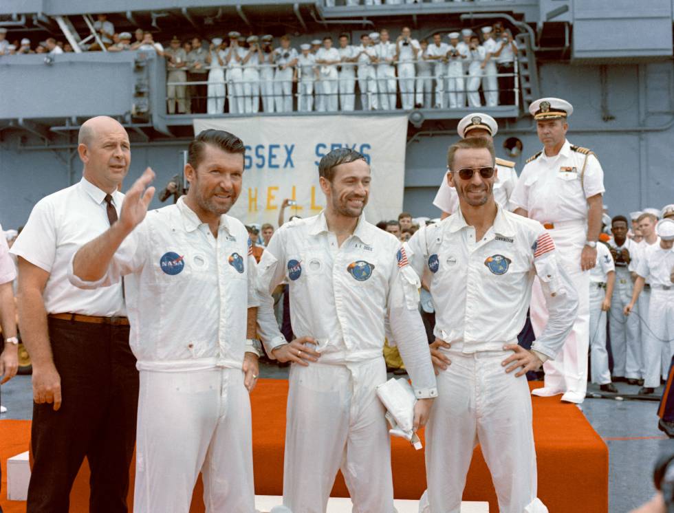 Wally Schirra, Donn Eisele y Walter Cunningham, tras regresar de la misiÃ³n Apolo 7, el 22 de octubre de 1968.