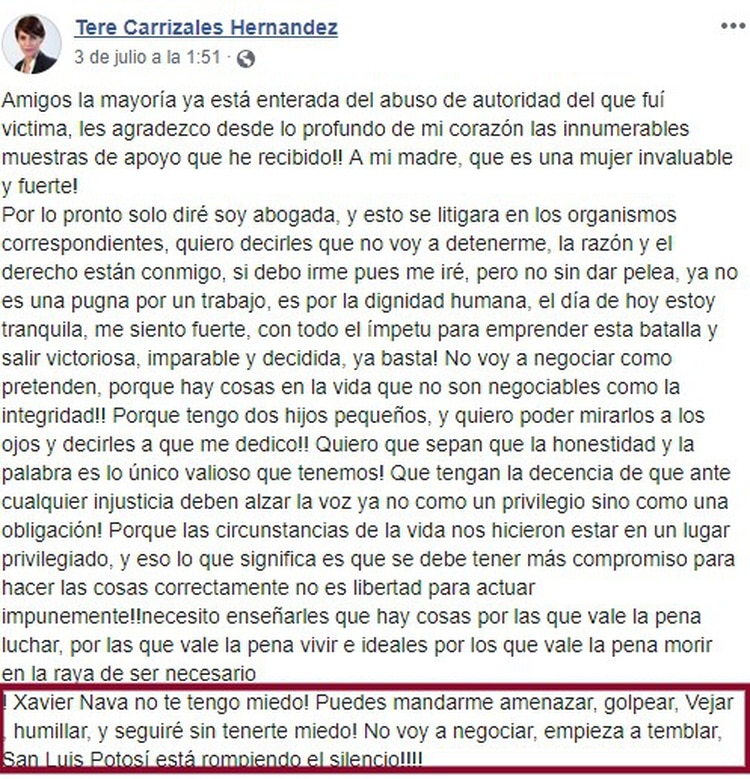 En su cuenta de Facebook, Carrizales denunció al presidente municipal, Xavier Nava, quien cree mandó a golpearla (Foto: Facebook)