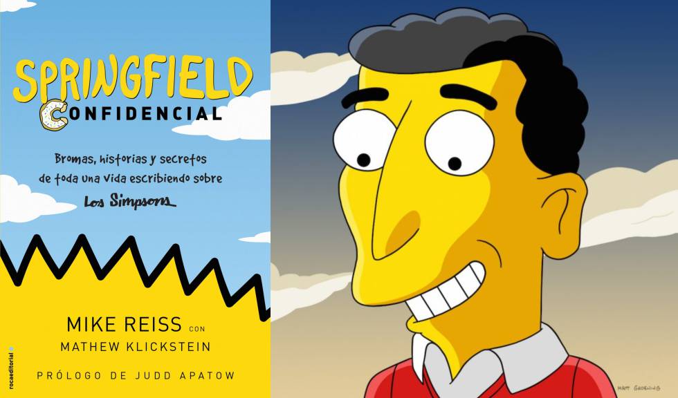 Portada del libro 'Springfield Confidencial' y caricatura del guionista Mike Reiss.