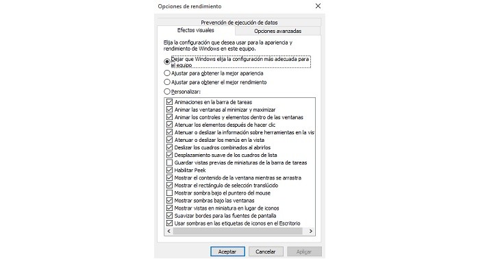 Desactivar efectos visuales en Windows