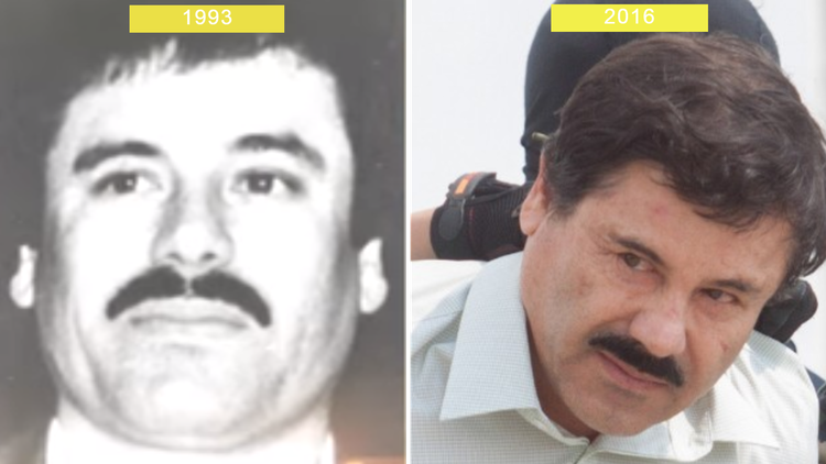 ´Dos imágenes de Joaquín “El Chapo” Guzmán. La primera en 1993, el narco mexicano muestra su característico bigote . En la segunda foto, del año 2016 cuando “El Chapo” fue retratado por última vez como líder del Cartel de Sinaloa, muestra u ligero cambio en el área al rededor de los ojos (Foto: Especial)