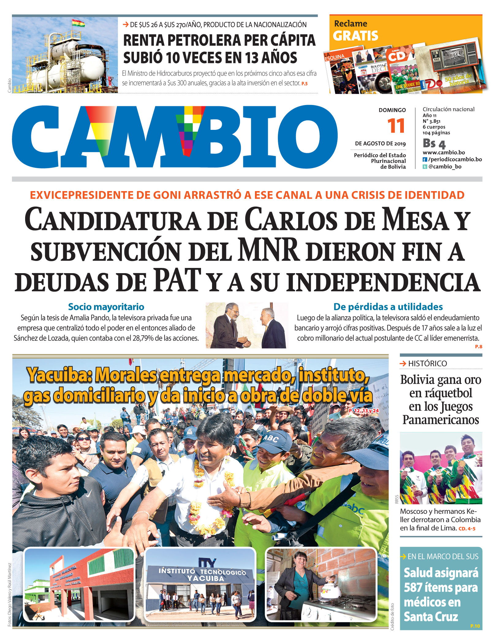 Portadas De Periódicos De Bolivia Del Domingo 11 De Agosto De 2019 Ejutv 3292