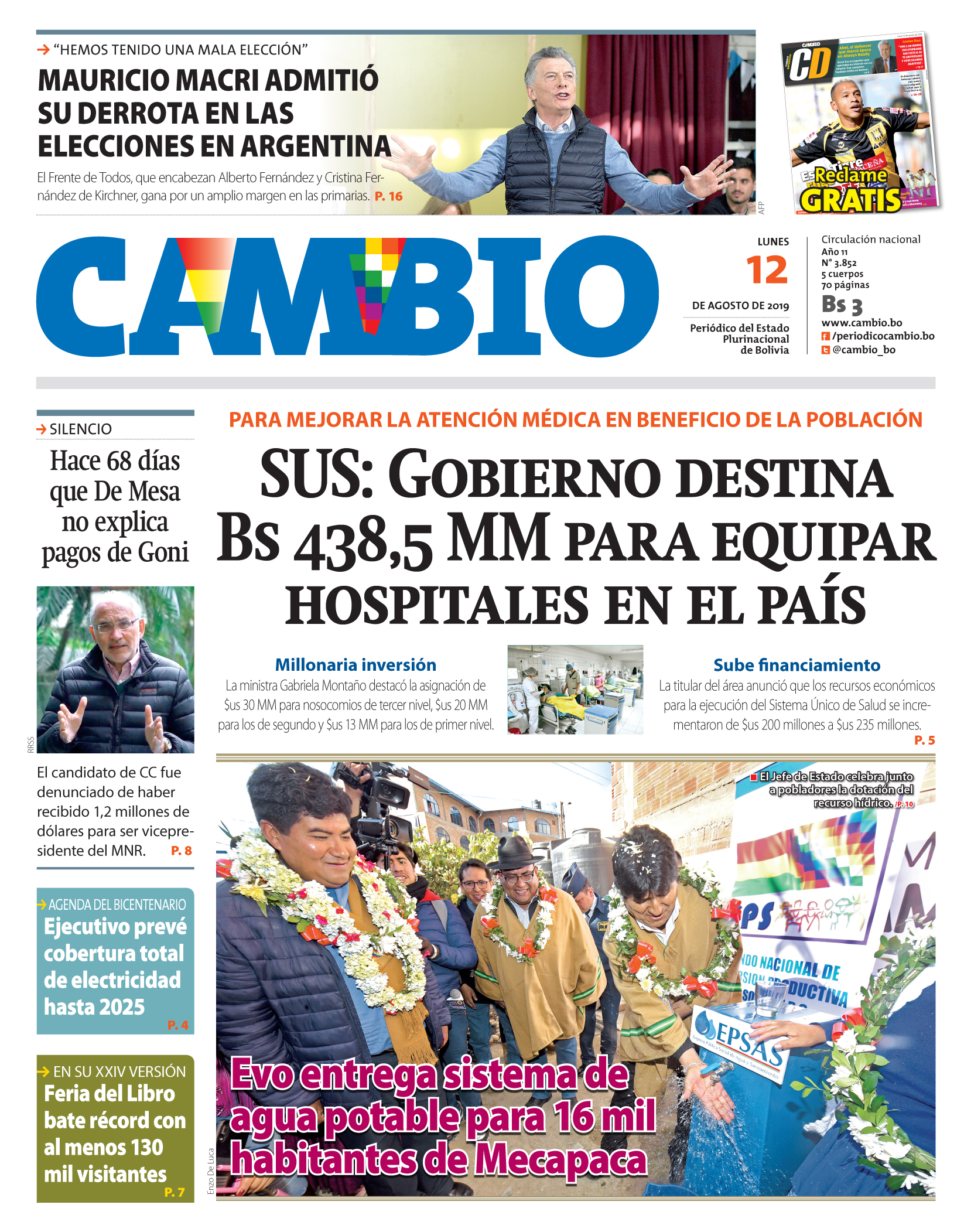 Portadas de periódicos de Bolivia del lunes 12 de agosto de 2019 eju.tv