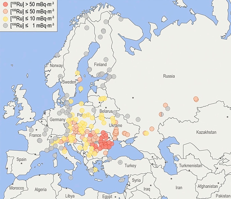 Detecciones de rutenio-106 en diferentes países de Europa y con distintas intensidades, detectado en 2017 (PNAS)