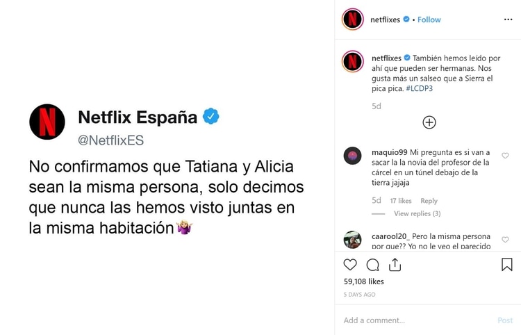 Con este comentario, Netflix avivó la discordia sobre la verdadera identidad de la amante de Berlín (Foto: Instagram Netflix/La Casa de Papel)