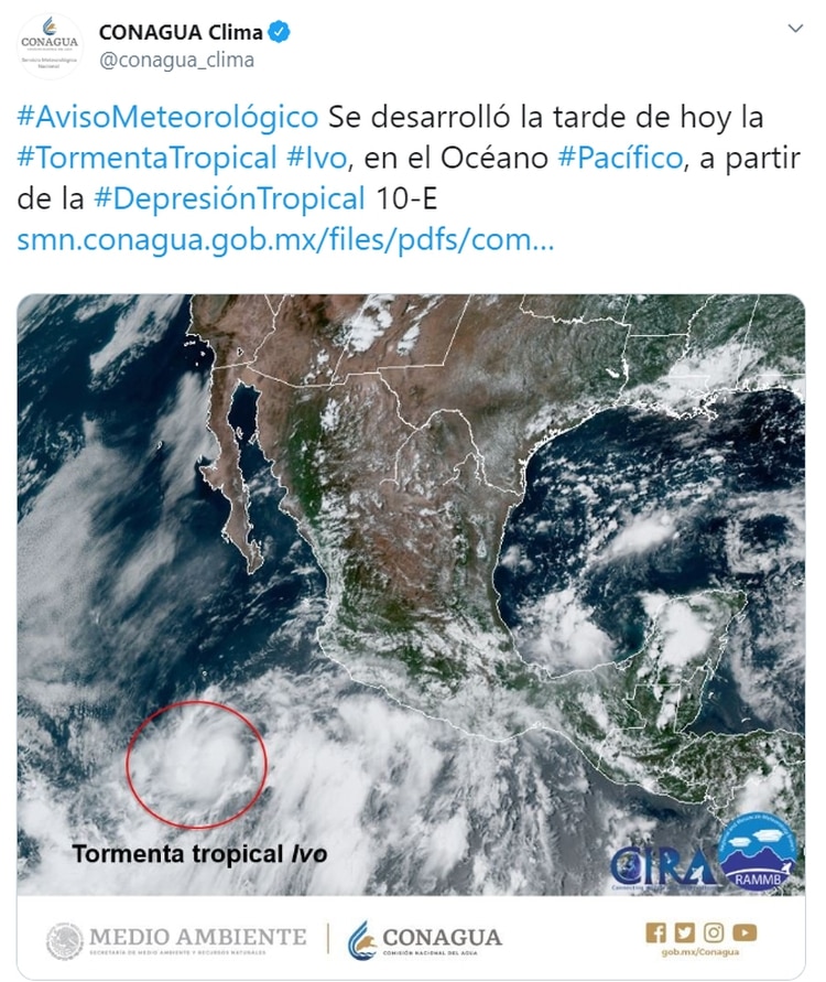 Conagua publicó una imagen en donde se ve el trayecto de la tormenta tropical, que hasta ahorita ha realizado lluvias en el estado(Foto: Conagua)