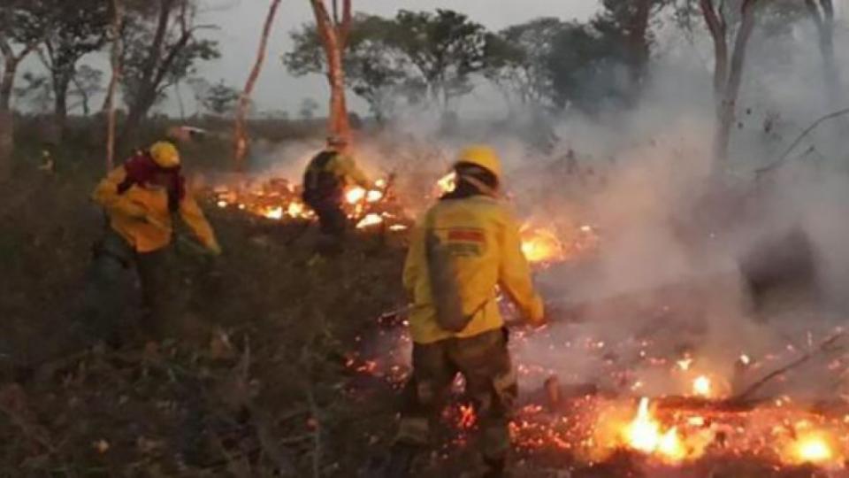 Los bomberos combaten el incendio forestal en la zona de Chiquitania.