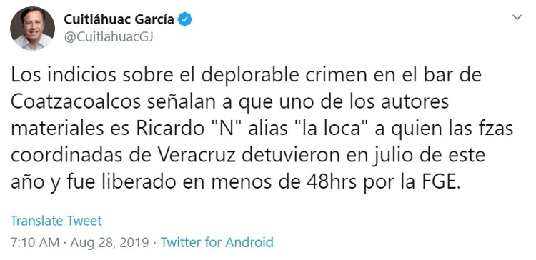El gobernador dijo que ya identificaron al presunto autor material del ataque al bar en Coatzacoalcos (Foto: Twitter)