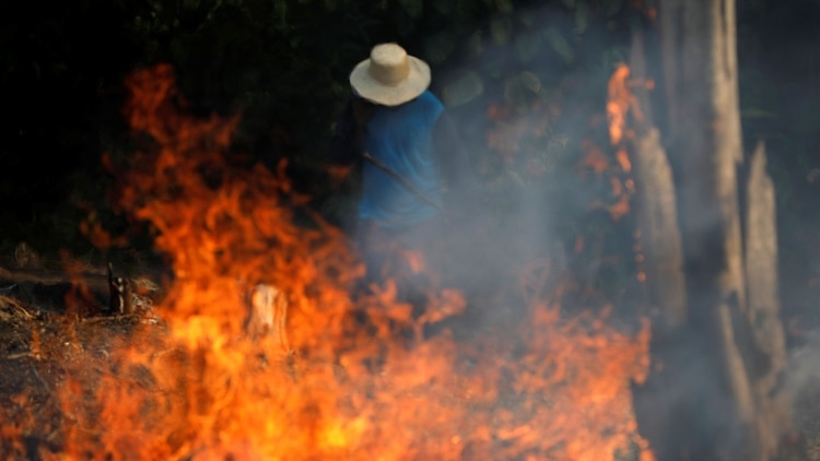 Un hombre trabaja en una zona en llamas de la selva amazónica mientras es despejada por leñadores y agricultores en Iranduba, estado de Amazonas, Brasil, el 20 de agosto de 2019. (Reuters)