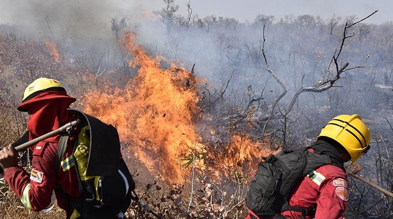 Bomberos de la Policía trabajan para sofocar un foco de calor en la Charagua. | AFP