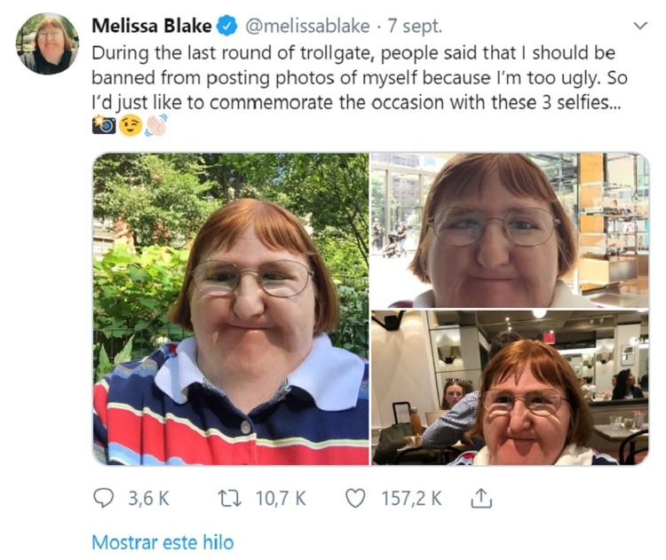 Un troll le dijo que debería tener prohibido sacarse selfies por fea, así que ella decidió honrar al acosador con tres selfies inéditos más (Foto: Twitter @MelissaBlake)