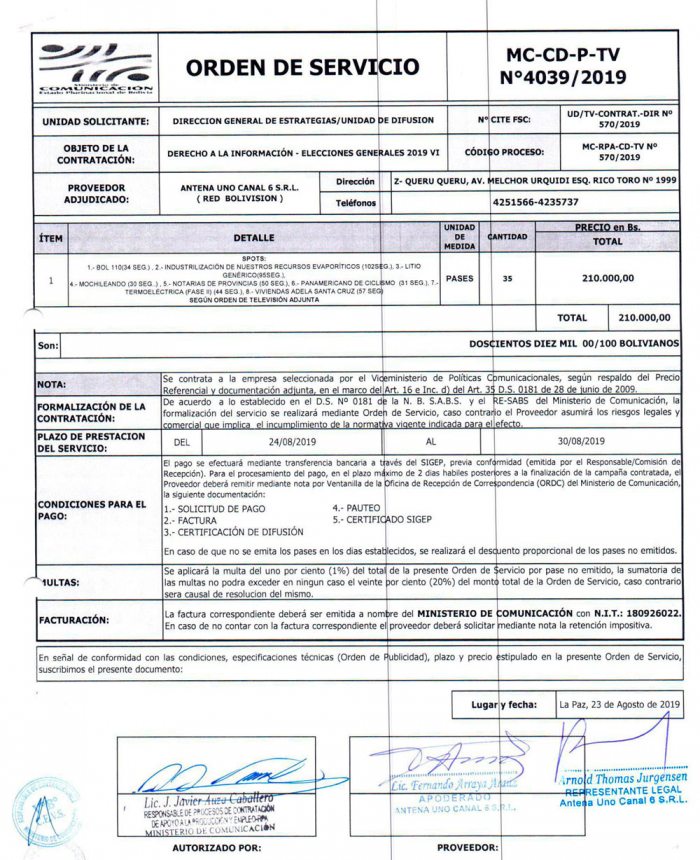 MILLONARIOS CONTRATOS QUE SUSCRIBIÓ EL MINISTERIO DE COMUNICACIÓN CON DOS CANALES DE TELEVISÓN PARA SPOTS BAJO EL RÓTULO DE “ELECCIONES GENERALES”.