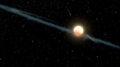 Una ilustración de la estrella KIC 8462852, rodeada por un anillo de polvo.