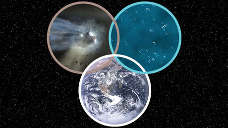 Ilustración de un cometa, granos de hielo y océanos de la Tierra.