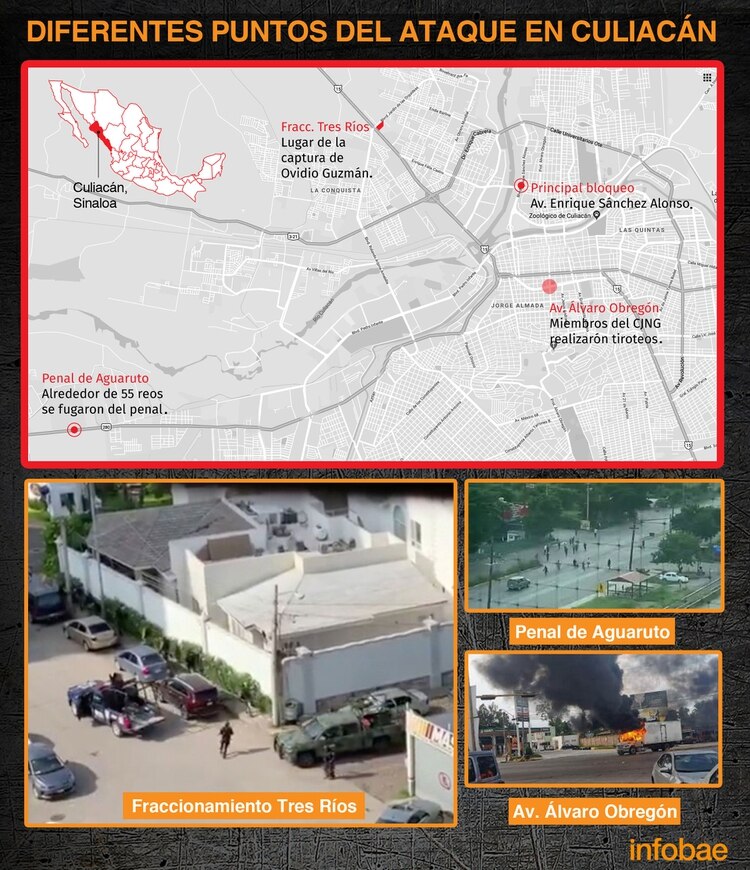Las diferentes zonas del ataque en Culiacán, Sinaloa (Infografía: Infobae)