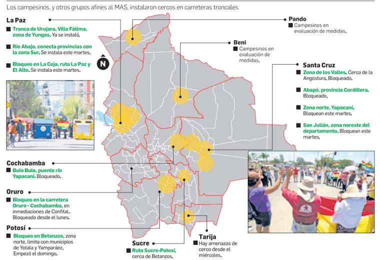Sectores afines al MAS iniciaron el bloqueo a urbes donde hay protestas. Rubén Costas dijo que se llamó a la violencia. El ‘vice’ dijo que Morales solo anunció la movilización