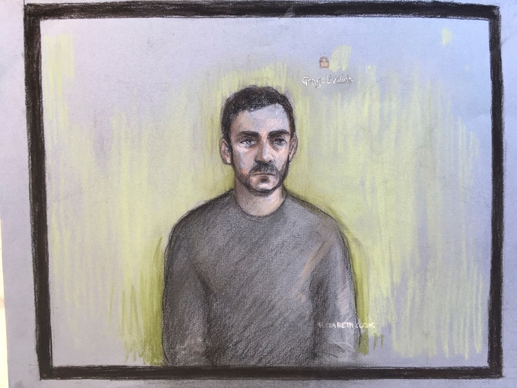 Ilustración sobre la presentación de Robinson ante la corte (Elizabeth Cook/via AP)