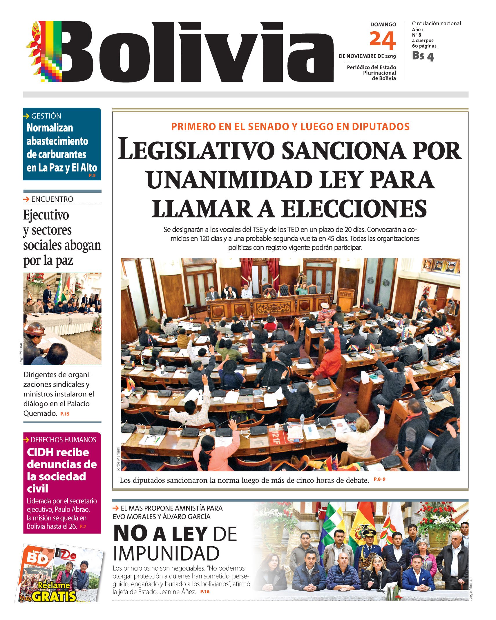 Portadas de periódicos de Bolivia del domingo 24 de noviembre de 2019