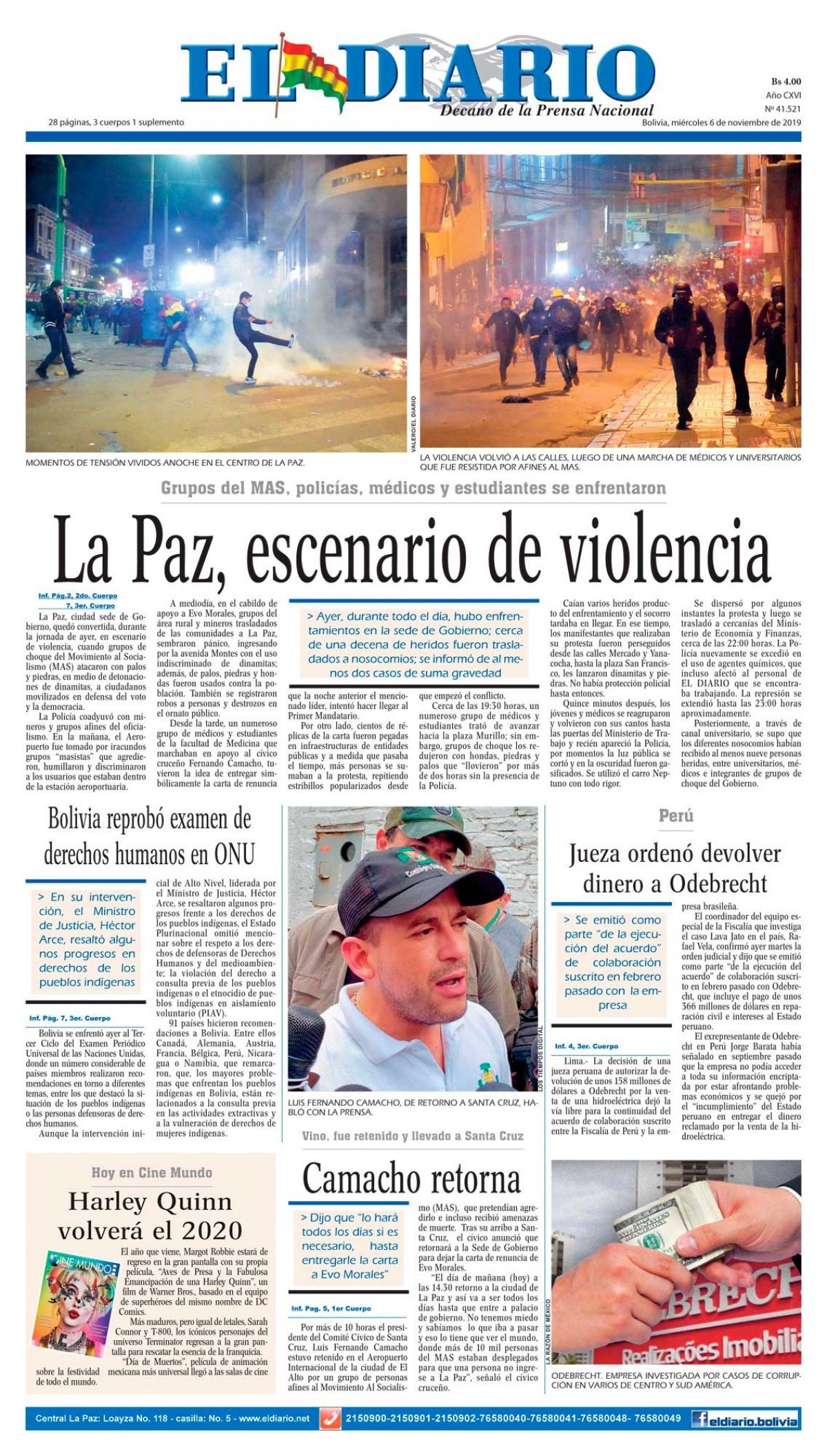 Portadas de periódicos de Bolivia del miércoles 6 de noviembre de 2019