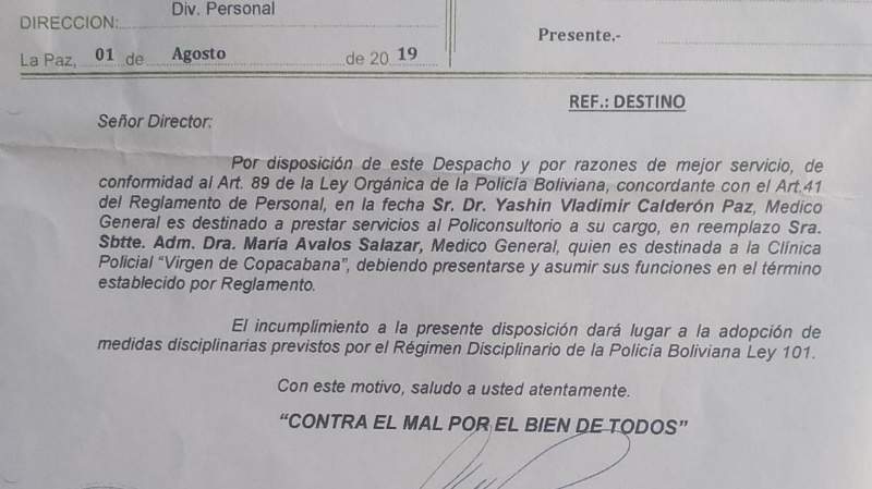 El hijo del comandante policial trabaja como médico en un consultorio de la institución