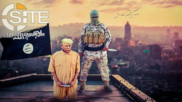 Imagen trucada realizada por el aparato de propaganda del ISIS, publicada esta semana en uno de sus sitios de Internet. Se ve al presidente Trump custodiado por un terrorista en una terraza de Manhattan.