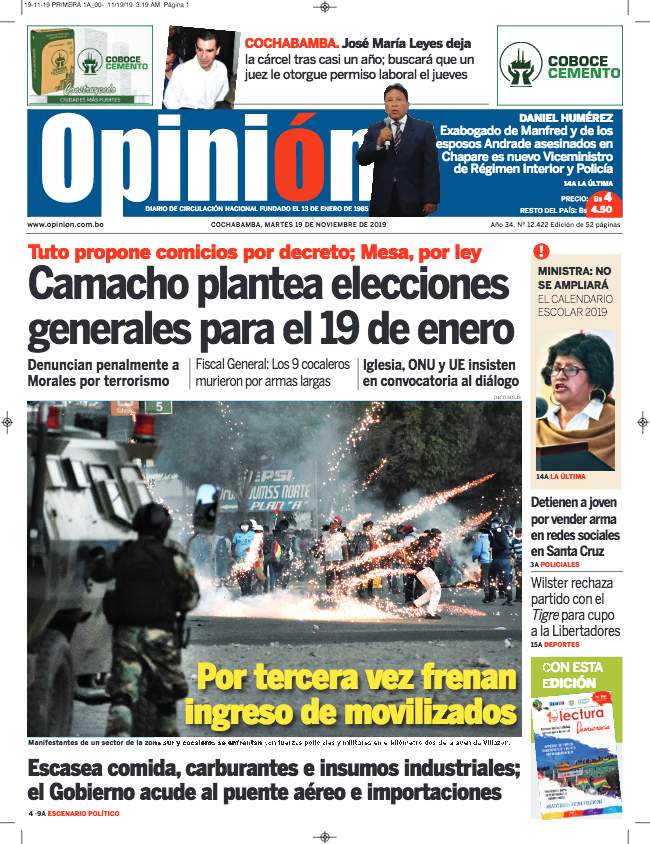 Portada de la edición impresa del martes 19 de noviembre de 2019