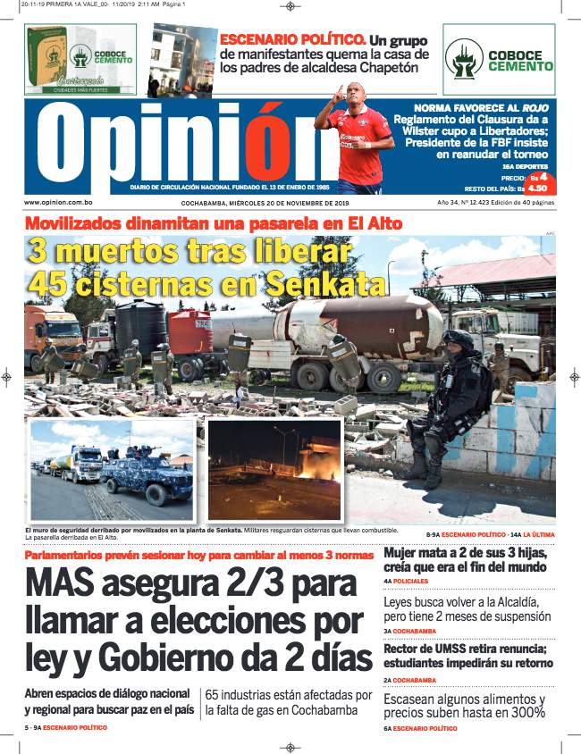 Portada del miércoles 20 de noviembre de 2019