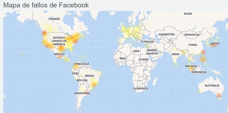 El mapa de las fallas de Facebook (DownDetector)