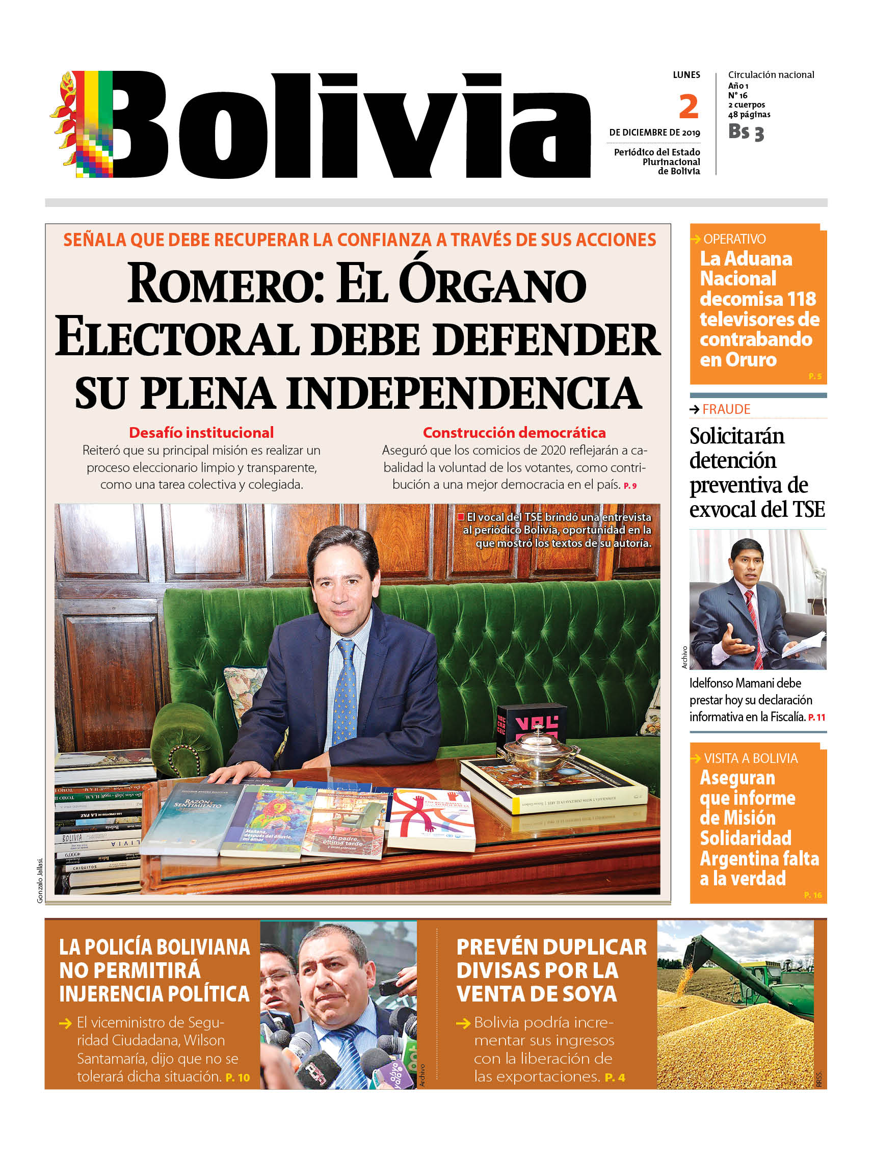 Portadas De Periódicos De Bolivia Del Lunes 2 De Diciembre De 2019 – Eju.tv