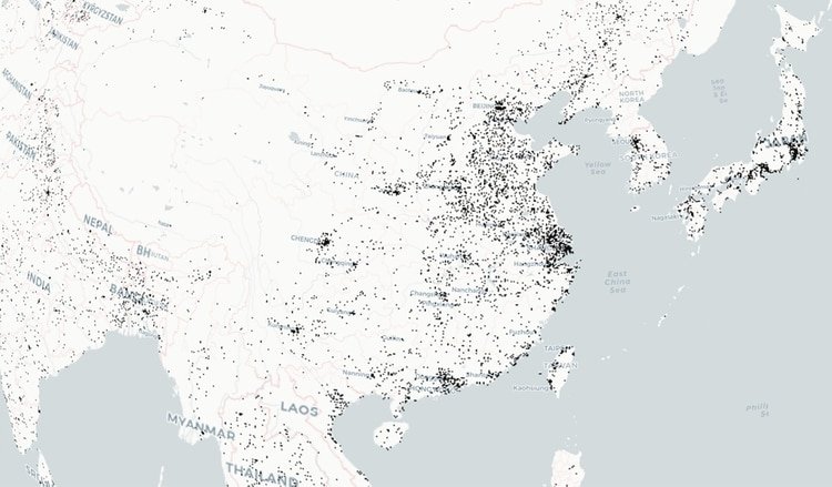 La costa este de Asia, una de las regiones con mayor concentración (World Settlement Footprint 2015)