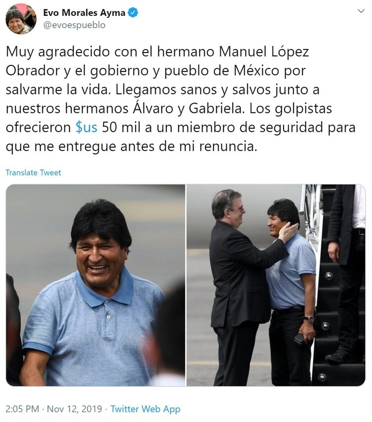 Evo Morales agradeció a través de Twitter al gobierno mexicano por haberle 