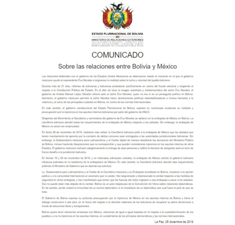 El comunicado del Gobierno de Bolivia (Foto: Gobierno de Bolivia)