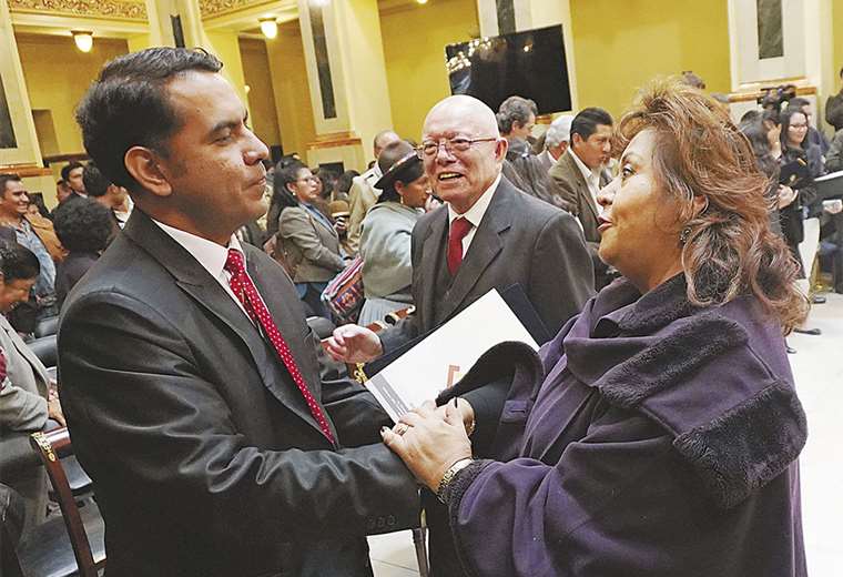 El vocal Francisco Vargas estrecha la mano de la diputada Yañíquez (MAS); observa Hassenteufel, del TSE. Foto: APG Noticias