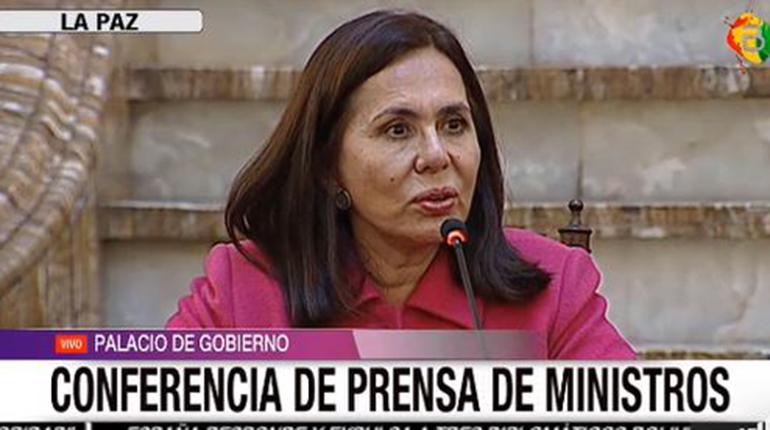 La ministra de Relaciones Exteriores, Karen Longaric. | Captura de pantalla Bolivia Tv