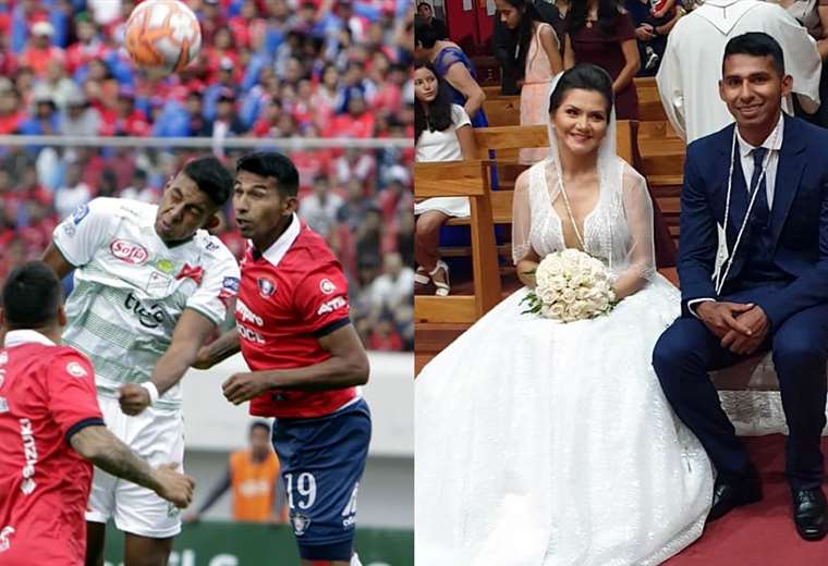 Gílbert Álvarez disputando el último partido con Wilstermann. Al lado, en su boda con Blanca Elena Barrero. Foto: APG / Flia. Álvarez