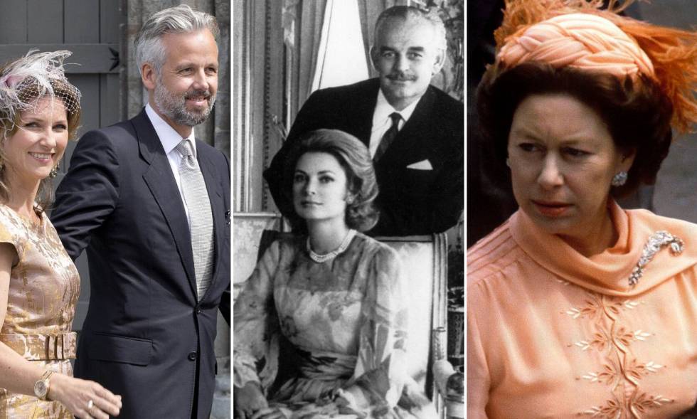 De izquierda a derecha, Marta Luisa de Noruega y Ari Behn; Rainiero de Mónaco y Grace Kelly y la princesa Margarita de Inglaterra.