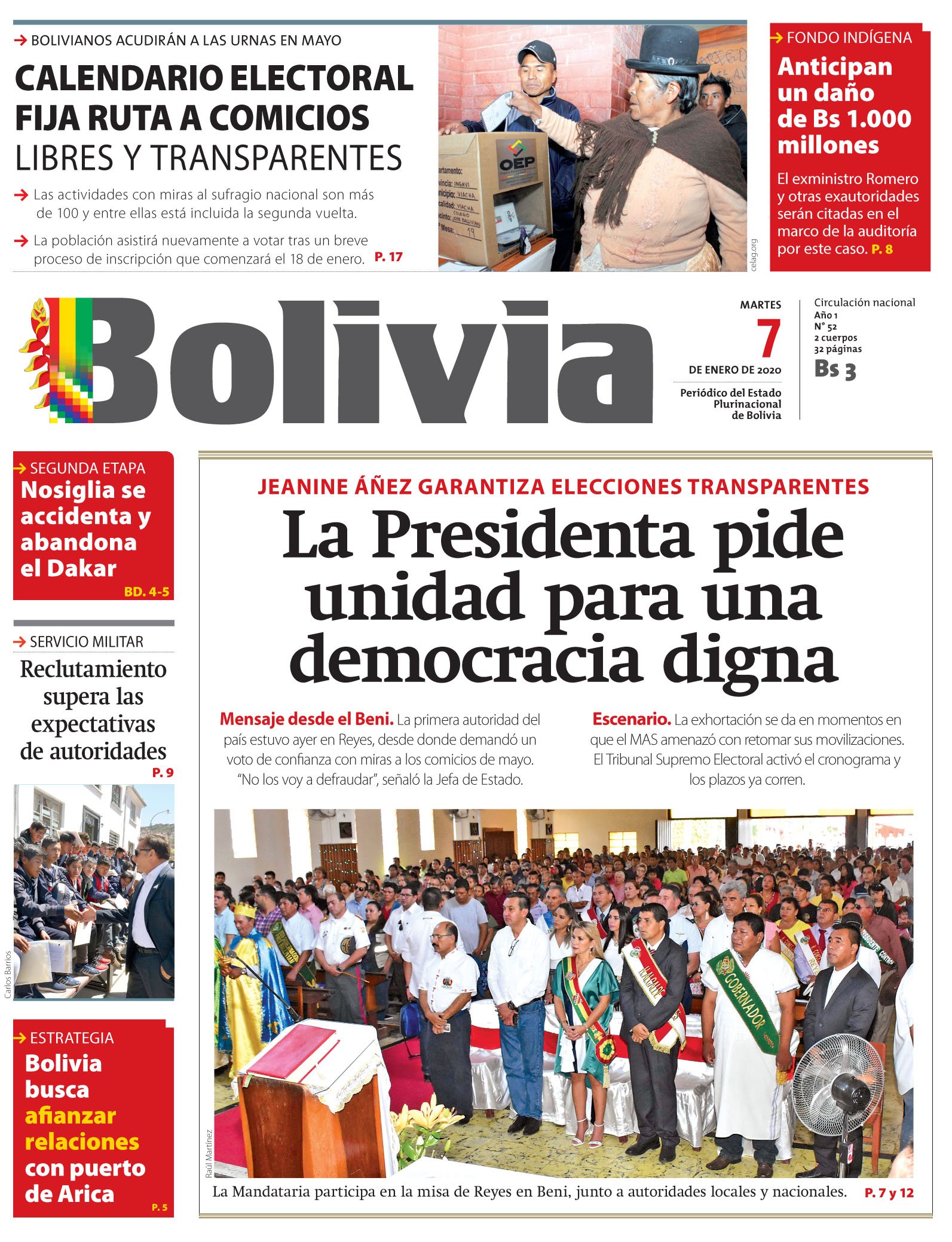 Portadas de periódicos de Bolivia del martes 7 de enero de 2020 eju.tv