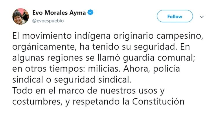 Uno de los últimos tuits de Evo Morales en el que sustenta la idea de armar milicias populares como en Venezuela