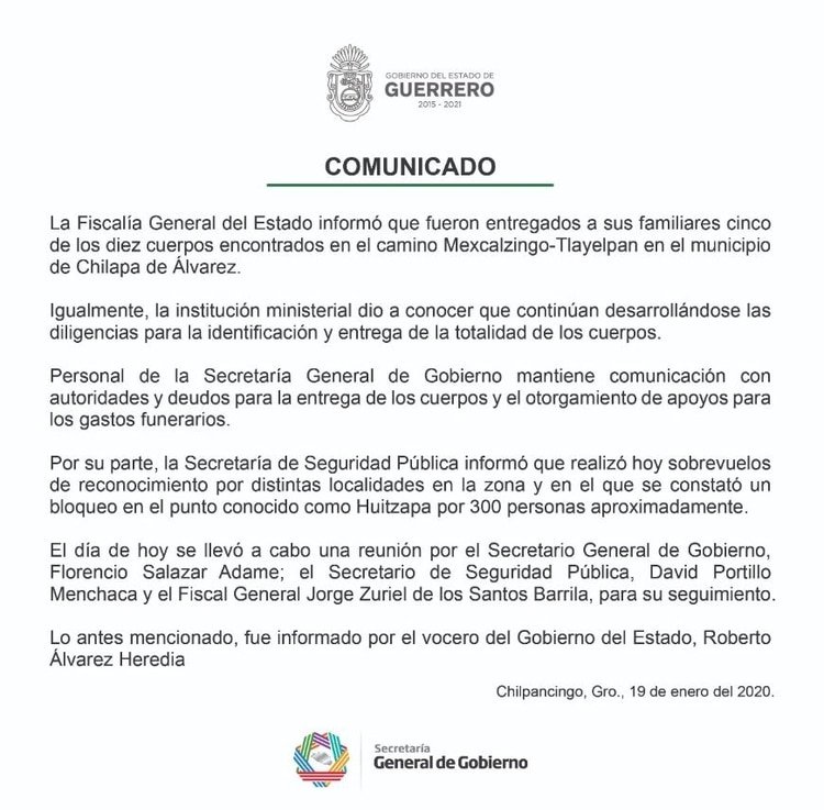 La Secretaría General del Gobierno de Guerrero informó sobre la entrega de cinco cuerpos de las víctimas mortales en Guerrero (Foto: Twitter/SSG_Guerrero)