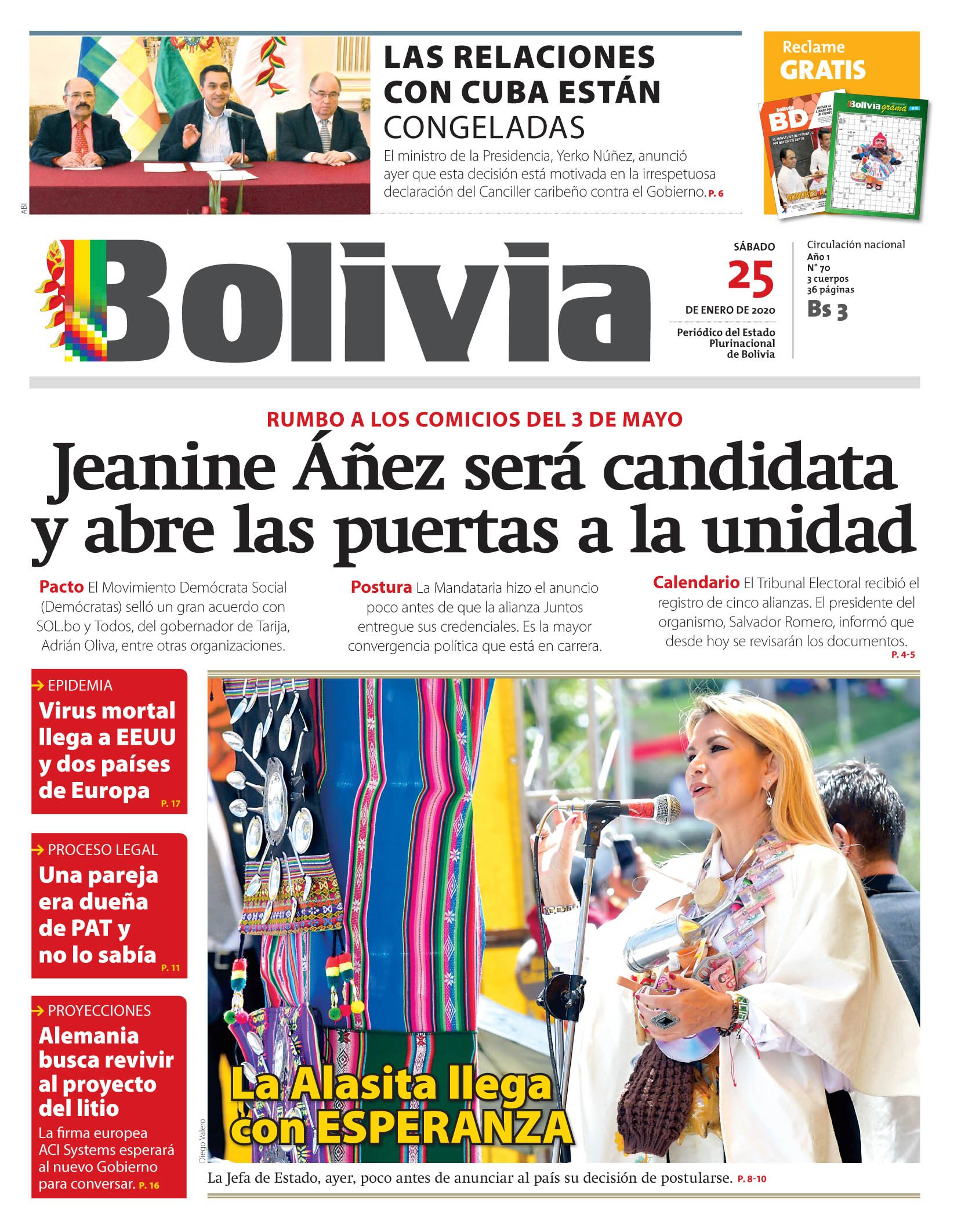 Portadas De Periódicos De Bolivia Del Sábado 25 De Enero De 2020 Ejutv 7064