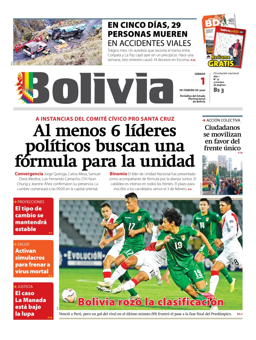 Portadas De Periódicos De Bolivia Del Sábado 1 De Febrero De 2020 Ejutv 5454