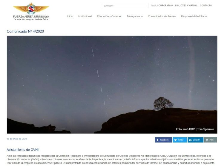 Comunicado de la Fuerza Aérea Uruguaya respecto a la caravana de satélites Stalink, de SpaceX