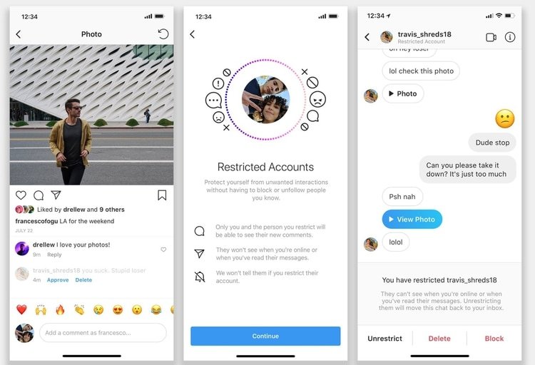 Se puede restringir a una persona deslizando el dedo hacia la izquierda en un comentario, a través de la pestaña Privacidad en Configuración.