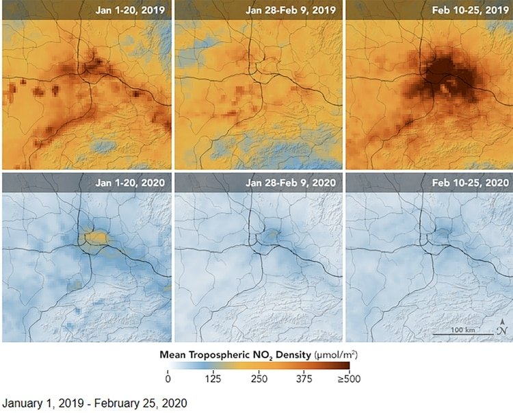 Las imágenes aéreas tomadas por satélites e instrumentos troposféricos en torno de Wuhan comparando iguales períodos de 2019 y 2020