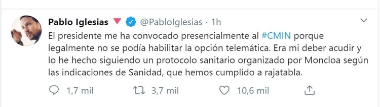 La explicación de Pablo Iglesias sobre por qué violó la cuarentena para asistir a una reunión de ministros 