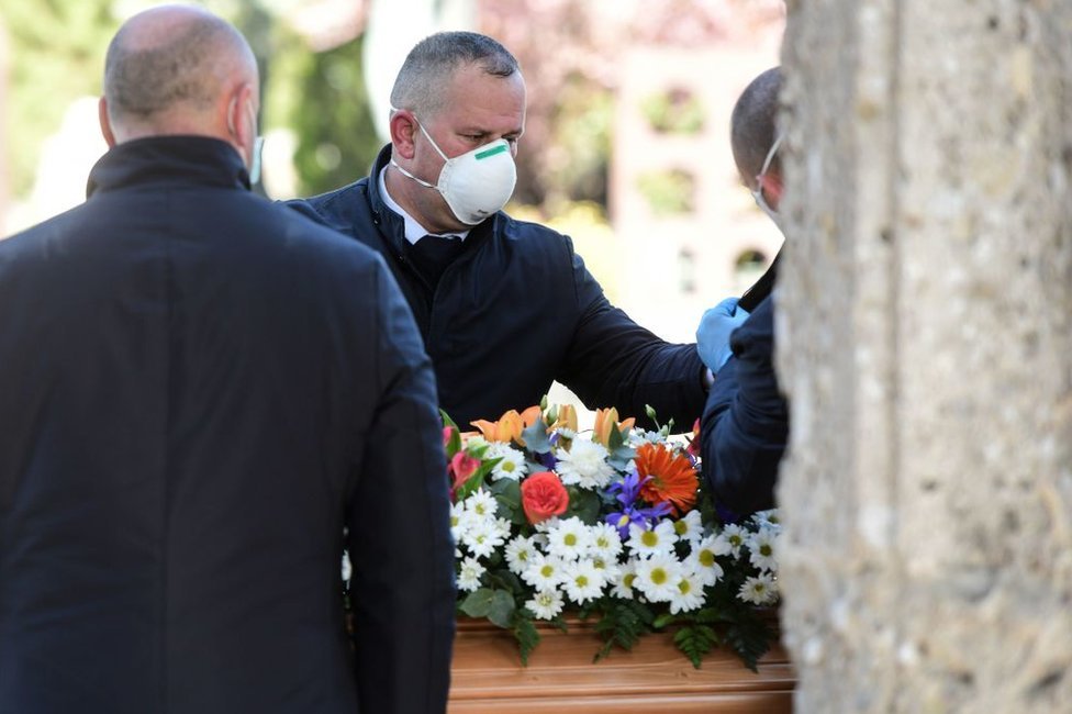 Entierro en el cementerio municipal de Bérgamo, Italia, el 16 de marzo de 2020.
