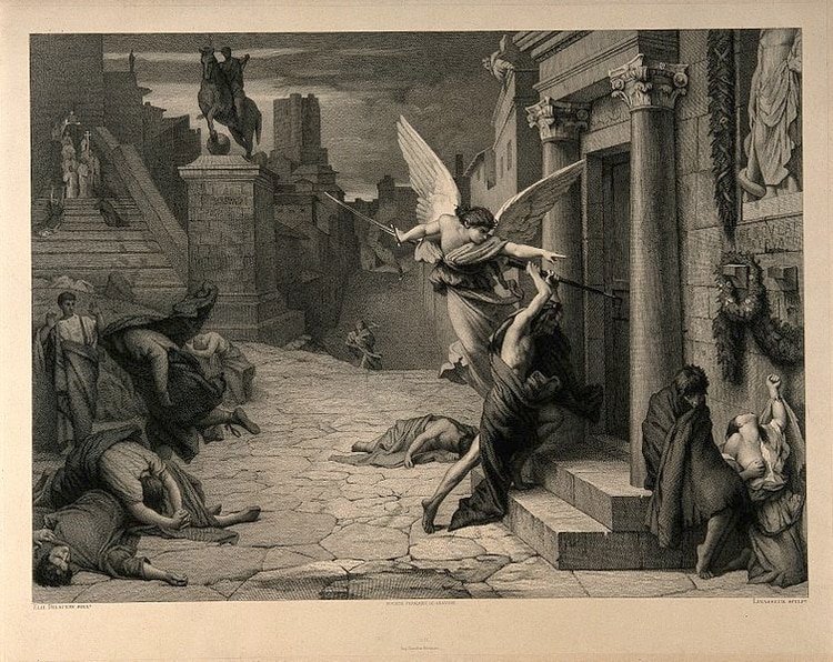 Cuadro del ángel de la muerte golpeando una puerta durante la plaga de Roma en tiempos de la peste antonina (Foto: Wikipedia)
