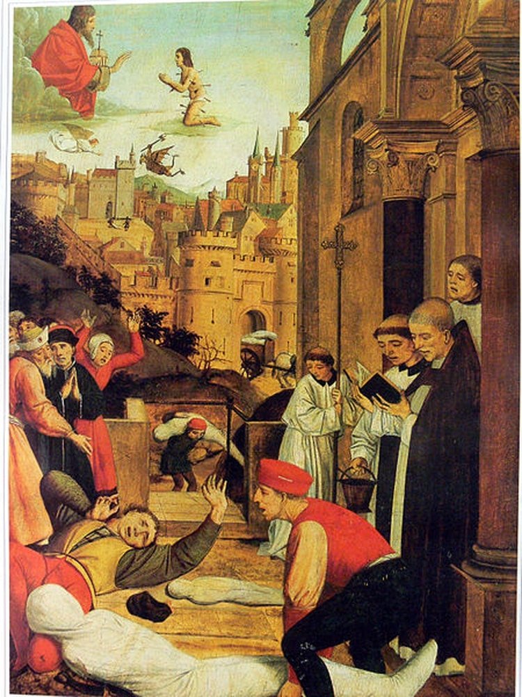 Pintura de San Sebastián suplicando por la vida de un sepulturero afligido por la peste durante la plaga de Justiniano, del siglo VI (Foto: Wikipedia)