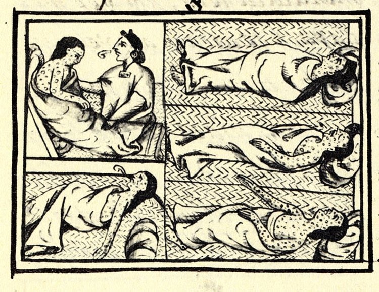 Ilustración obtenida de un compendio de materiales e información sobre la historia azteca y nahua recopilada por fray Bernardino de Sahagún. Muestra a nahuas infectados con la enfermedad de la viruela (Foto: Wikipedia)